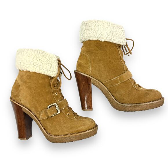 MICHAEL KORS tan suede sherpa heeled platform boots - Picture 13 of 14